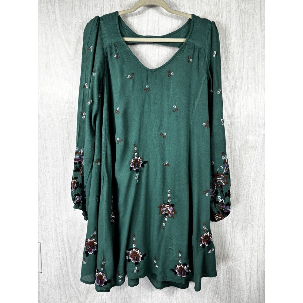 Free People Oxford Mini Dress Womens L Green Embroidered Open Back Boho - Picture 4 of 8